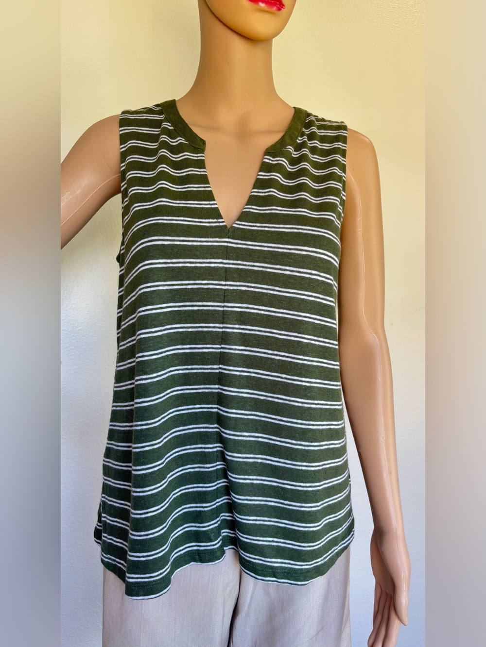 Old Navy Olive and White Striped Sleeveless Split-Neck Tank - Picture 9 of 13